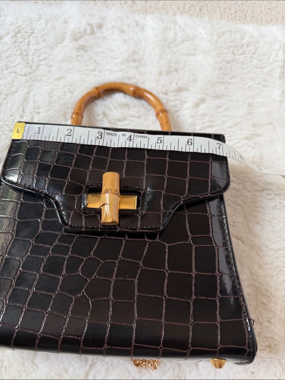 Comeco, Brown Croc-Embossed Bamboo-Handle Top-Handle Bag